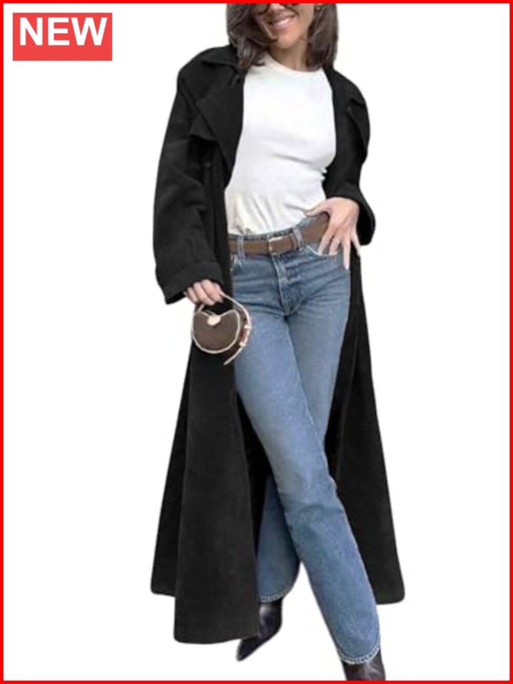 Womens Faux Suede Long Trench Coat Notched Lapel Double Breasted Pea Coat Belted